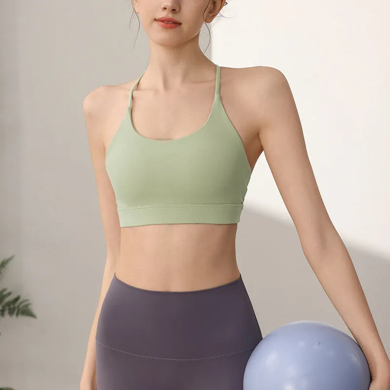 Women's sports vest with fixed double shoulder straps in nylon fabric for running and workouts