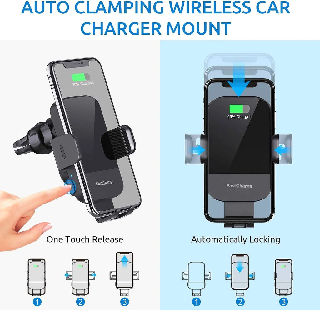 Black bare metal car wireless charging stand with 15W fast charging, shown with dashboard tripod and air vent clip mounting styles.