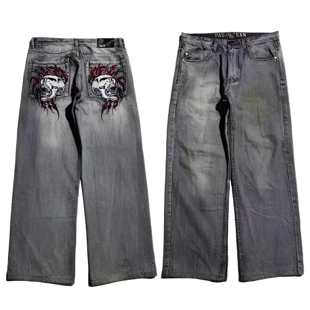 Men's grey washed-out wide-leg jeans with a retro workwear design and straight-leg silhouette.