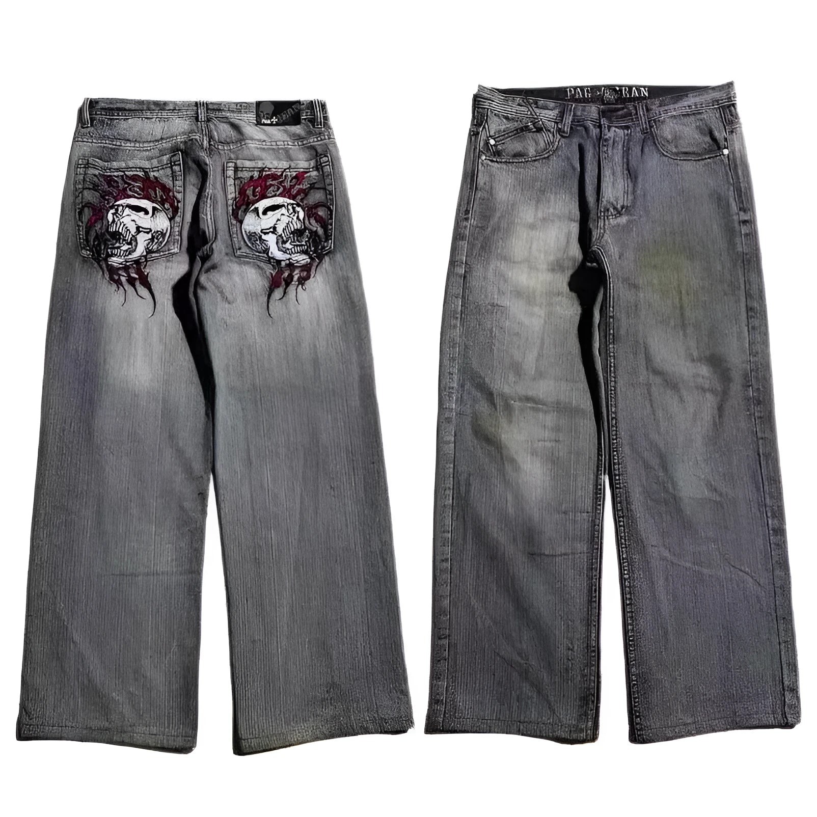 Men's grey washed-out wide-leg jeans with a retro workwear design and straight-leg silhouette.