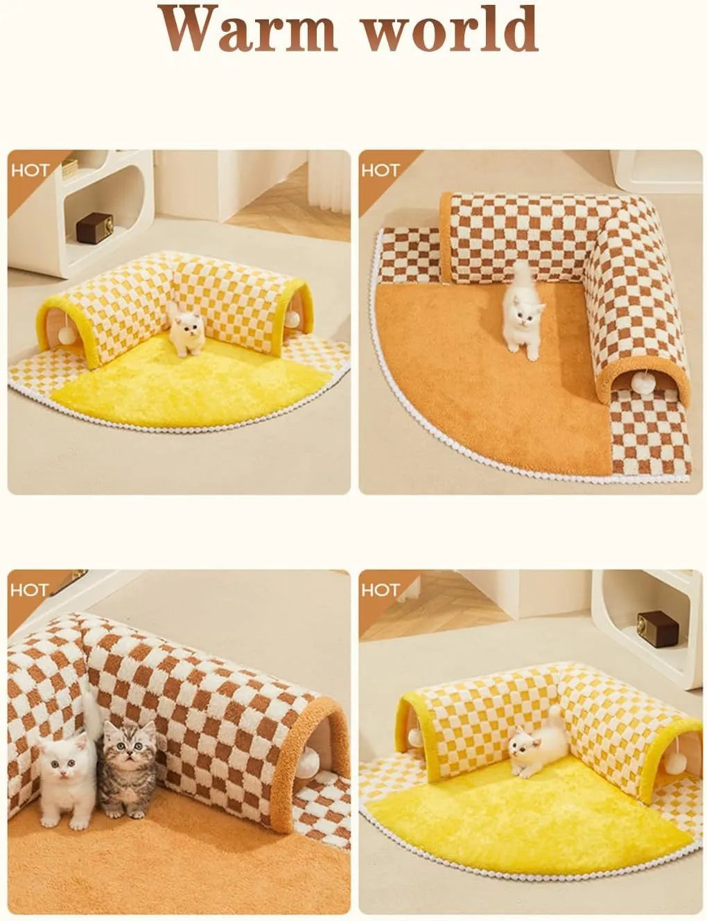Brown and yellow plaid plush cat tunnel bed with central mat and non-slip bottom.