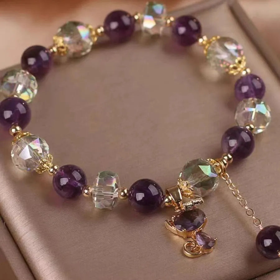 Natural purple amethyst fox pendant bracelet with a geometric antique style and a nine-tailed fox charm.