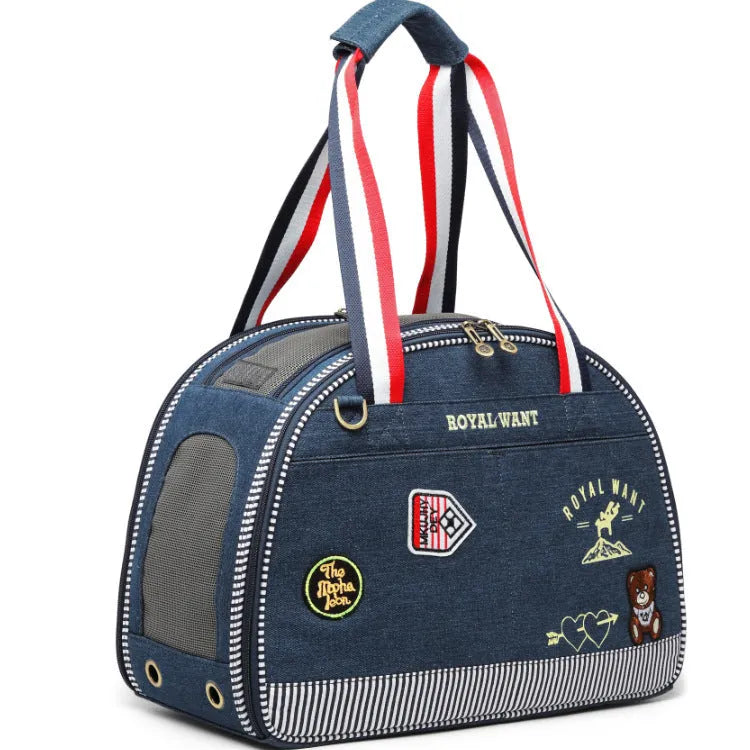 Blue denim Japanese-style pet diaper bag with cartoon pattern, dimensions 43×20×30cm