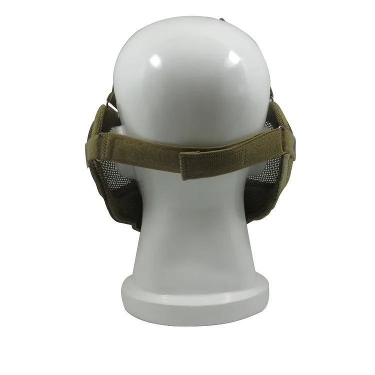 Carbon steel mesh protective face mask with head strap in camouflage pattern.
