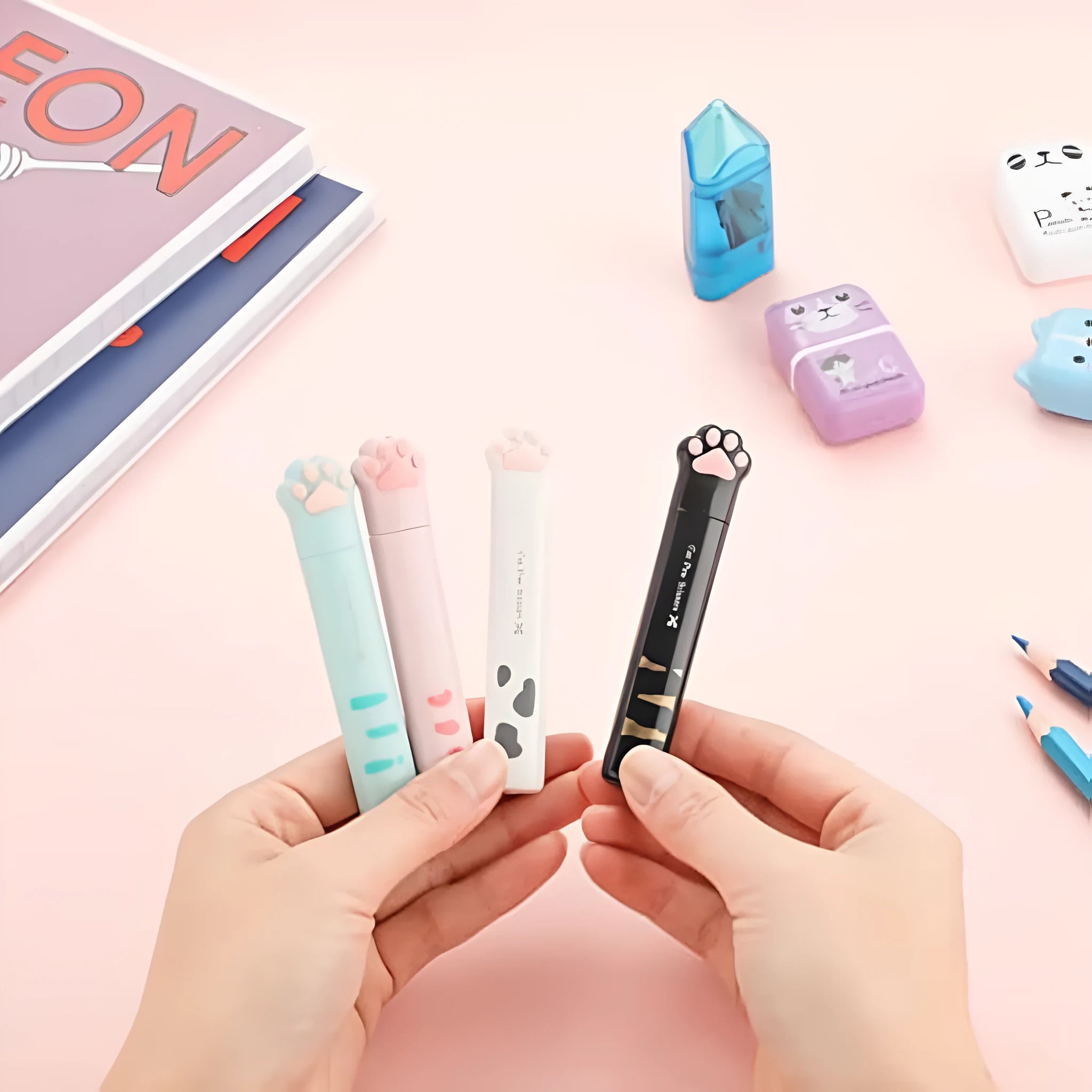 Cat paw mini folding scissors in four colours with stainless steel blades and decorative handles