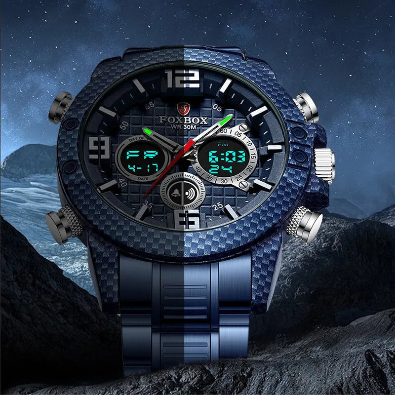 Dual display watch with pointer and number readouts, luminous dial, 44mm alloy case, black dial
