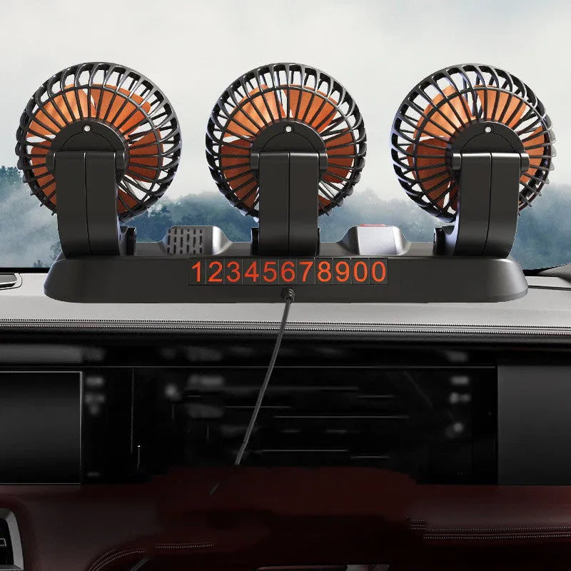 Three-head 12V automotive cooling fan with adjustable heads and cigarette lighter connector