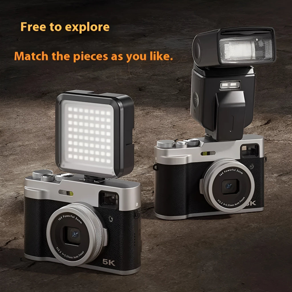 Black or brown 5K HD digital camera with dual lenses and an optical viewfinder on a 2.88-inch screen.