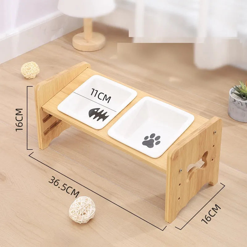 Adjustable cat dog bowl with bamboo base and ceramic feeding bowl in white, 3-layer height settings
