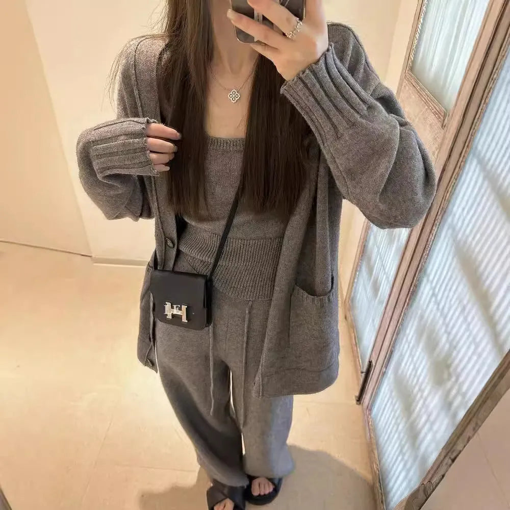 Women's wool blend three-piece cardigan set with vest and casual pants in beige colour