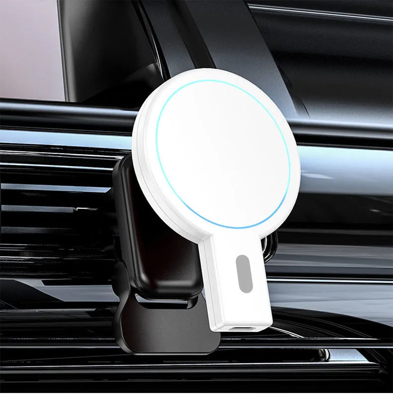 Black and white magnetic wireless charger with USB port and compact aluminium case