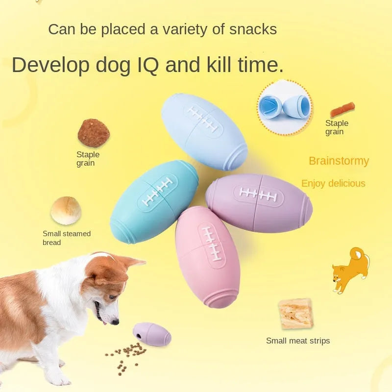 Blue silicone rugby ball dog toy with hollow treat-dispensing centre