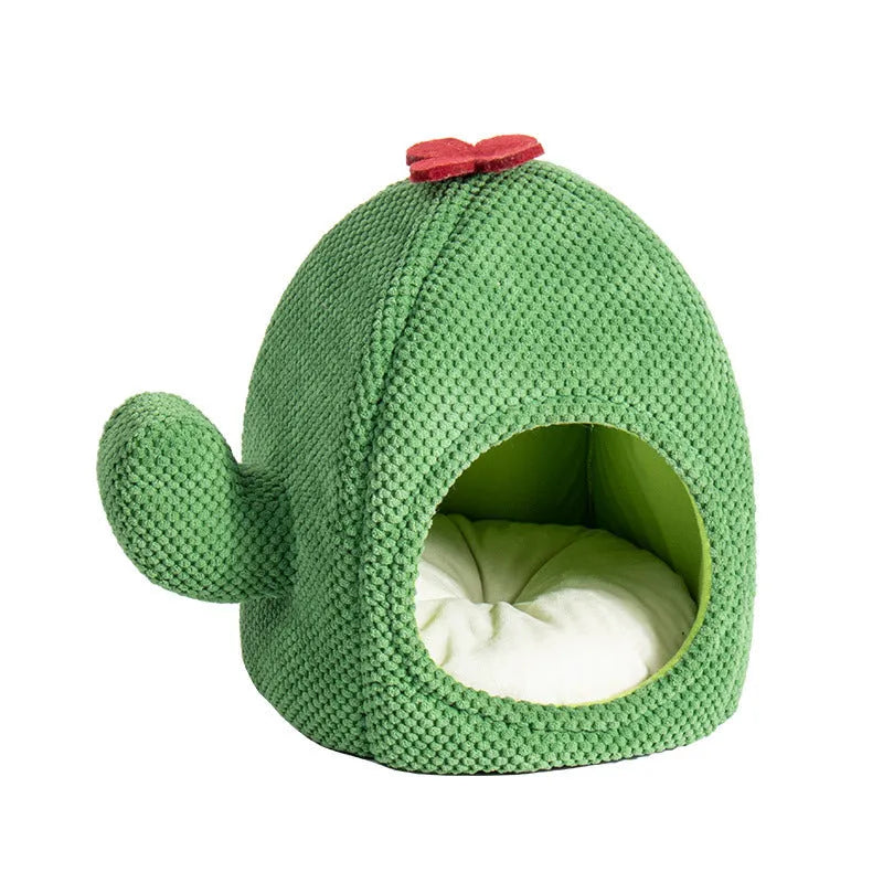 Green cactus-shaped enclosed cat bed for indoor pet sleeping