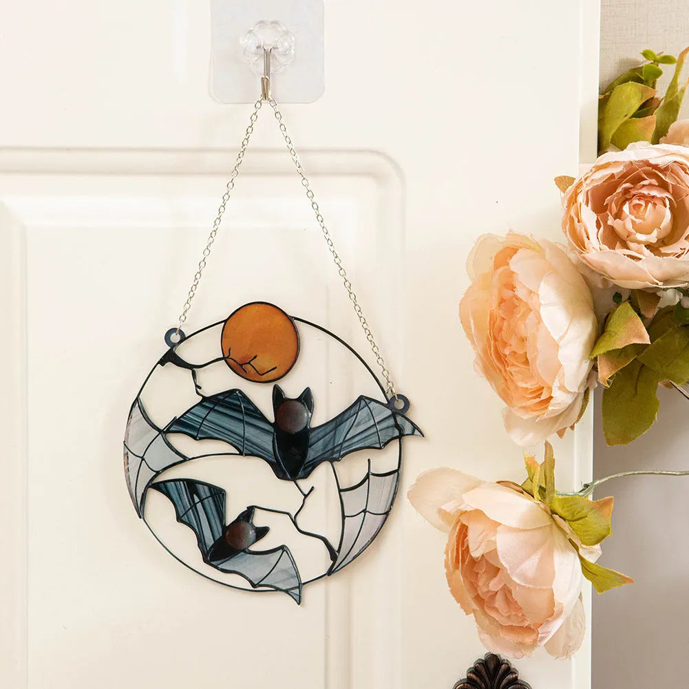 Moon Bat decorative acrylic pendant with engraved bat design, 15.3cm by 15cm, American style wall hanging