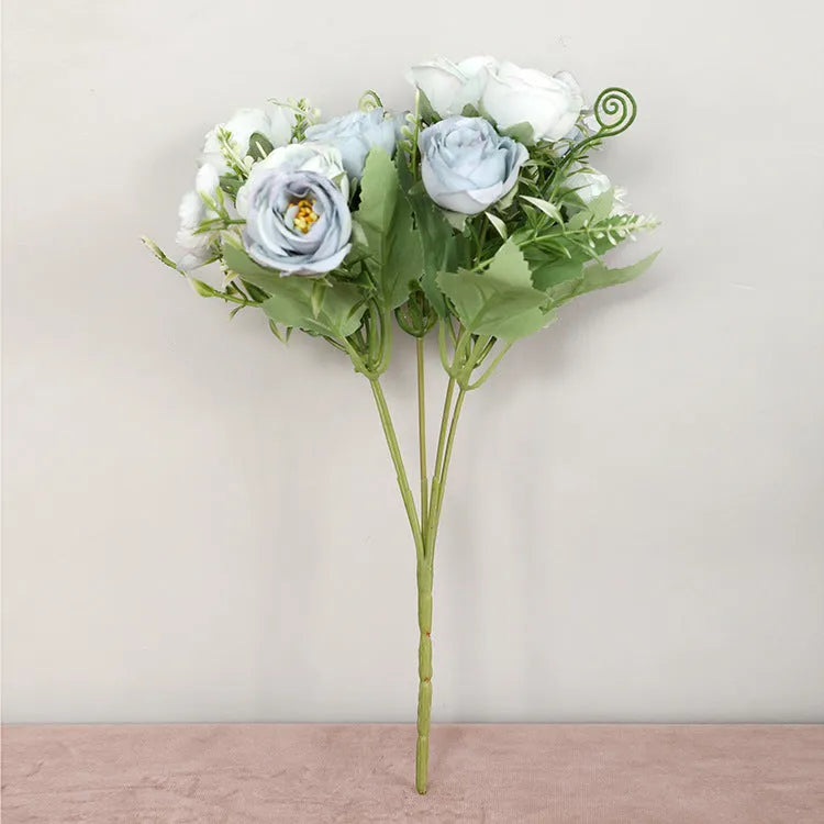 Simulated 5-prong wedding rose bouquet with 10 spring roses in five colours, 30cm length