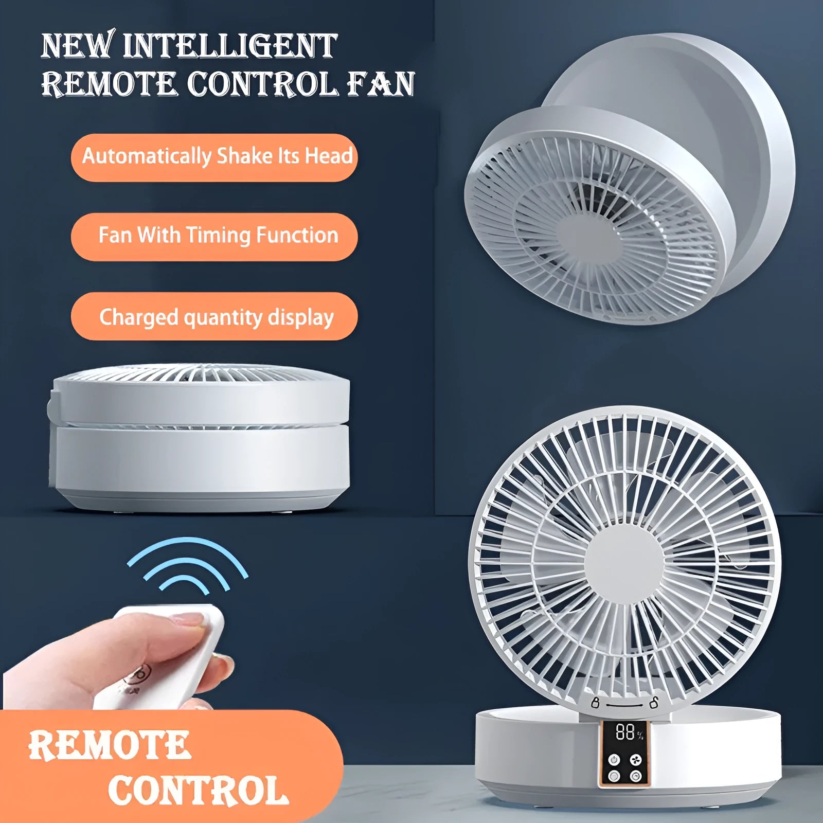 White portable folding electric fan with night light and remote control on a desk