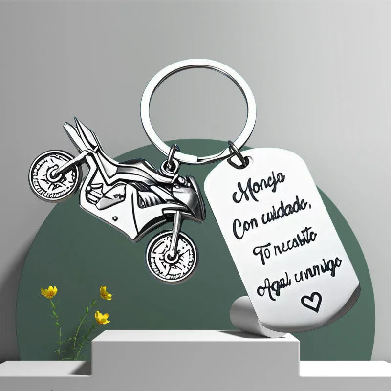 Stainless steel motorcycle keychain with flannel storage bag, modern simple WU266 design