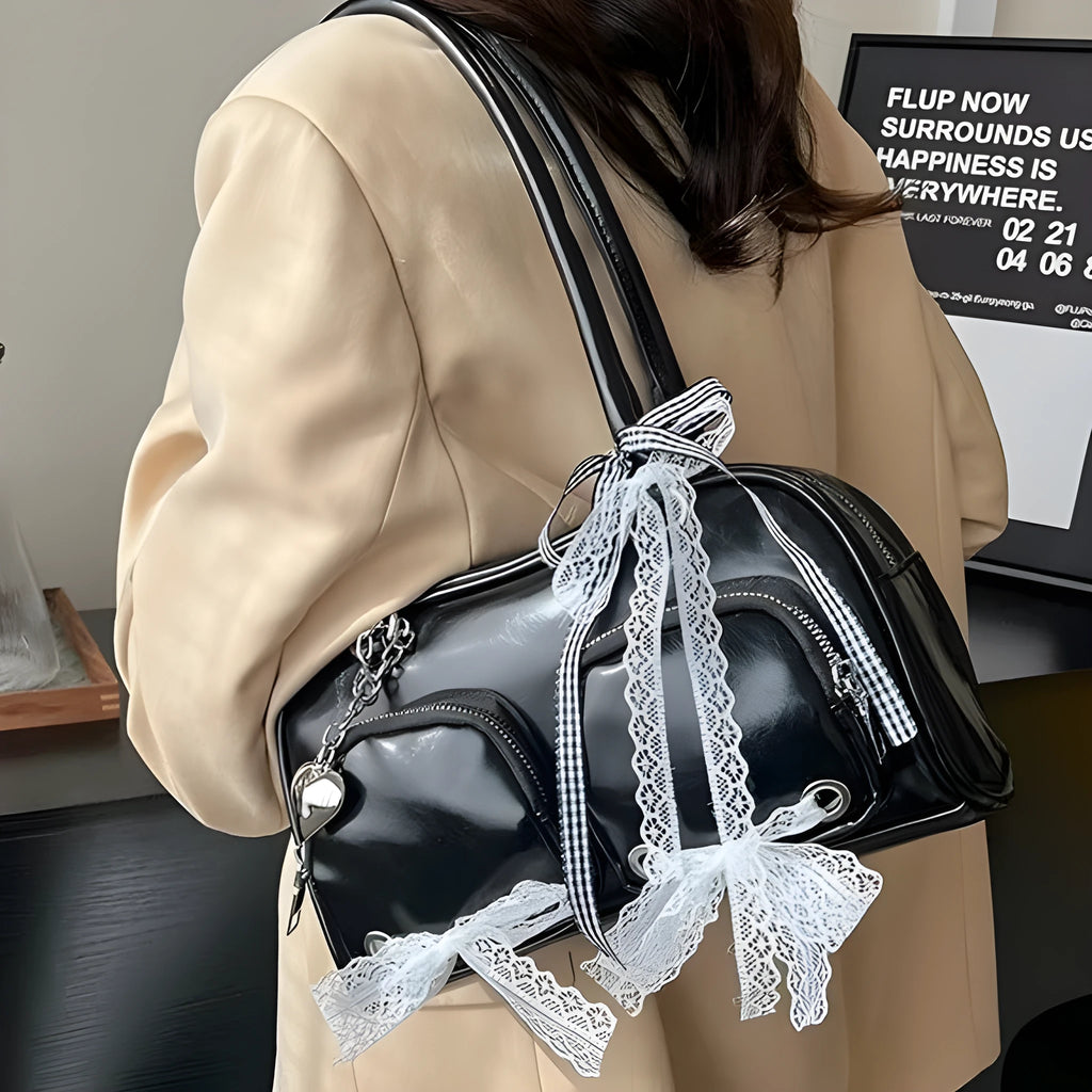 Soft PU casual shoulder bag with horizontal square shape and dual straps in beige colour