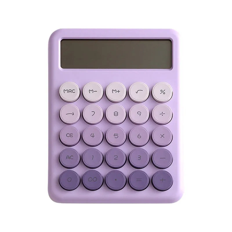 12-digit gradient colour desktop calculator in violet, blue, green, or pink on a desk