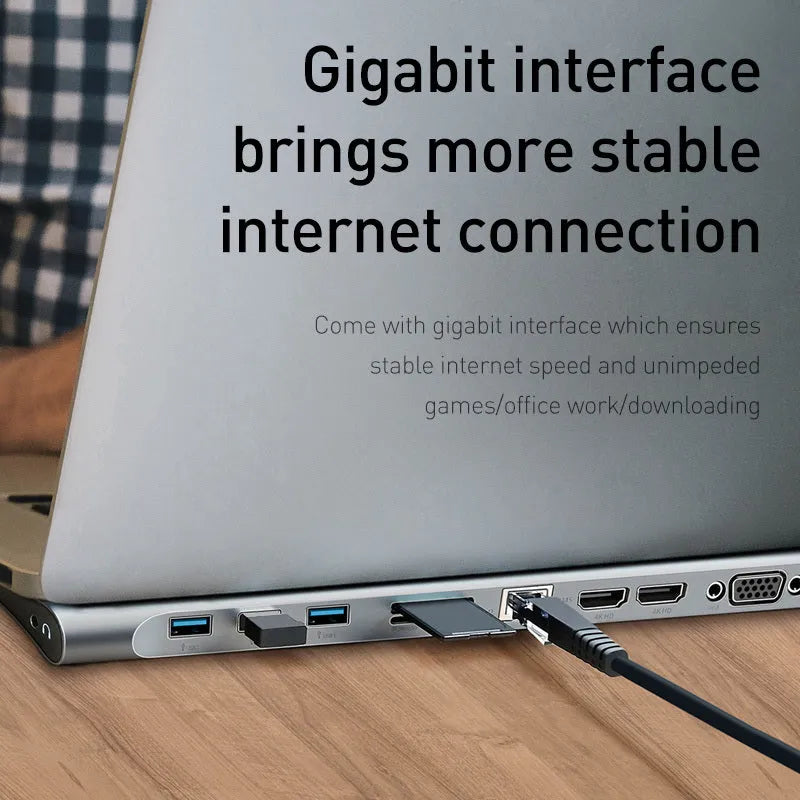 Ten-port aluminium docking station with cooling bracket showing HDMI, VGA, and Ethernet ports