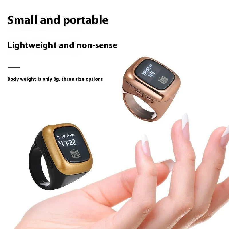 Al-Fatiha Zikr electronic counter with digital display on wrist, shown in Black, Space Gray, and Rose Gold colour options.