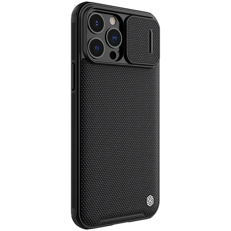 Black textured sliding phone case for Apple iPhone 13 Pro Max, shown from the back.