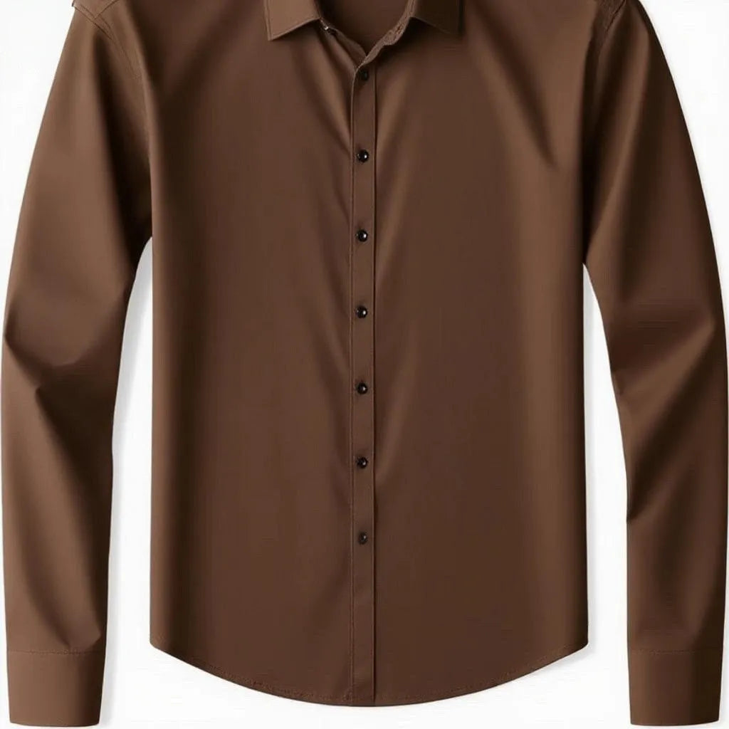 Men's coffee brown long sleeve cardigan inner wear shirt with four-sided elastic fabric shown flat