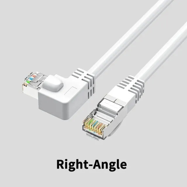 Black Cat6 Ethernet cable with right-angle metal RJ45 connector showing different orientation options