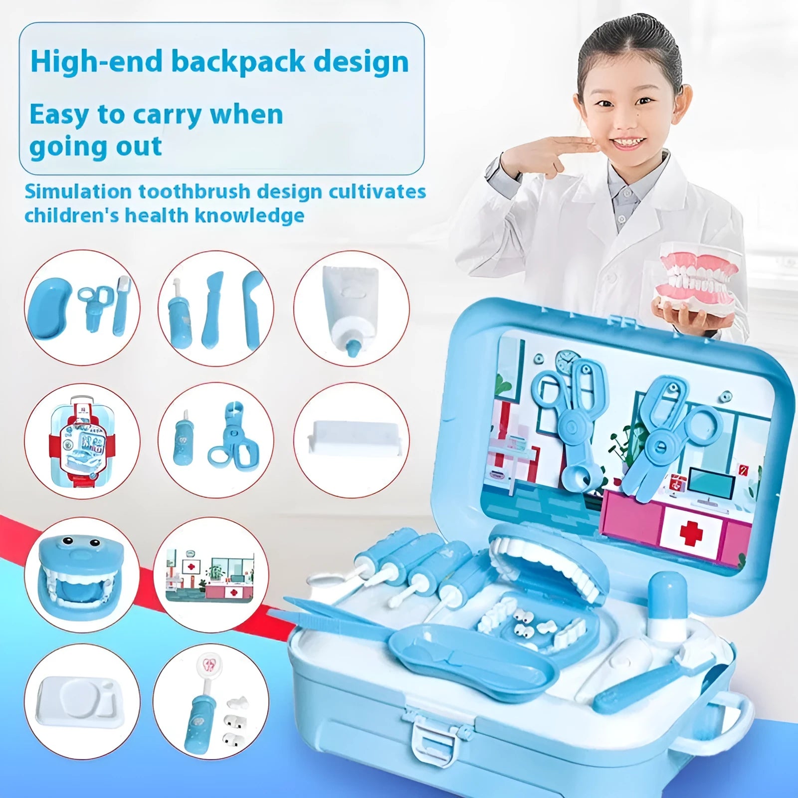 Sky blue plastic toy backpack storage box two-in-one children play house doctor toy for kids aged 4-6