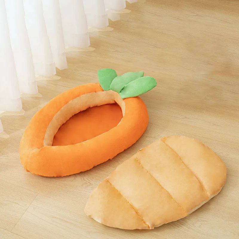 Carrot-shaped dog nesting bed with a soft, light-coloured blanket inside, suitable for a small dog.