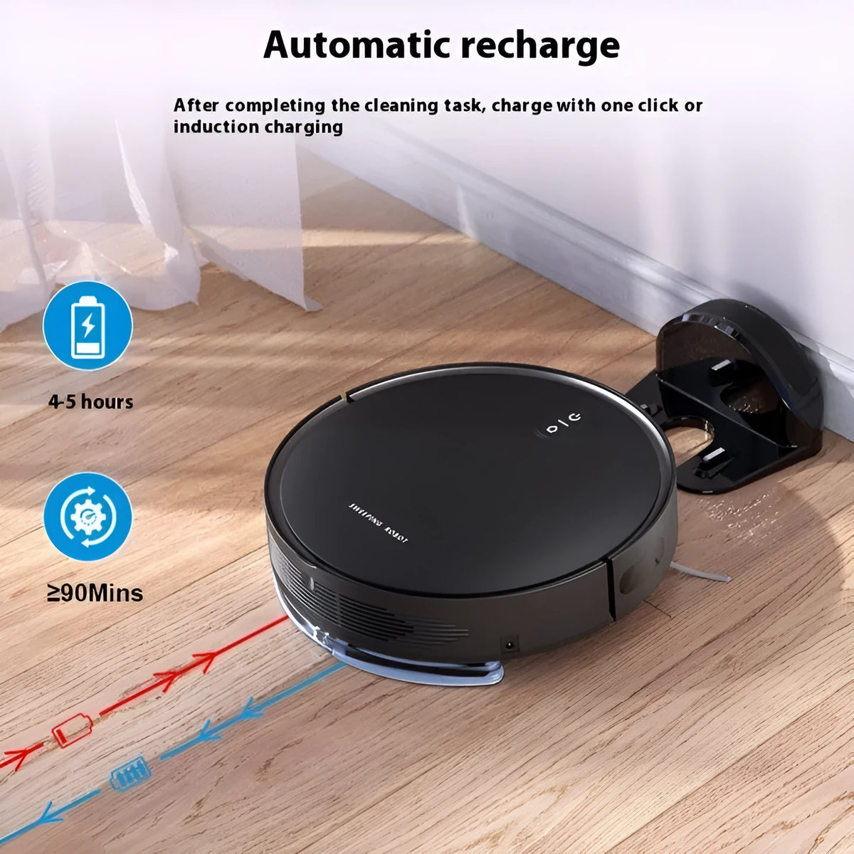 Black intelligent sweeping robot with obstacle avoidance and 2000mAh battery on a hardwood floor