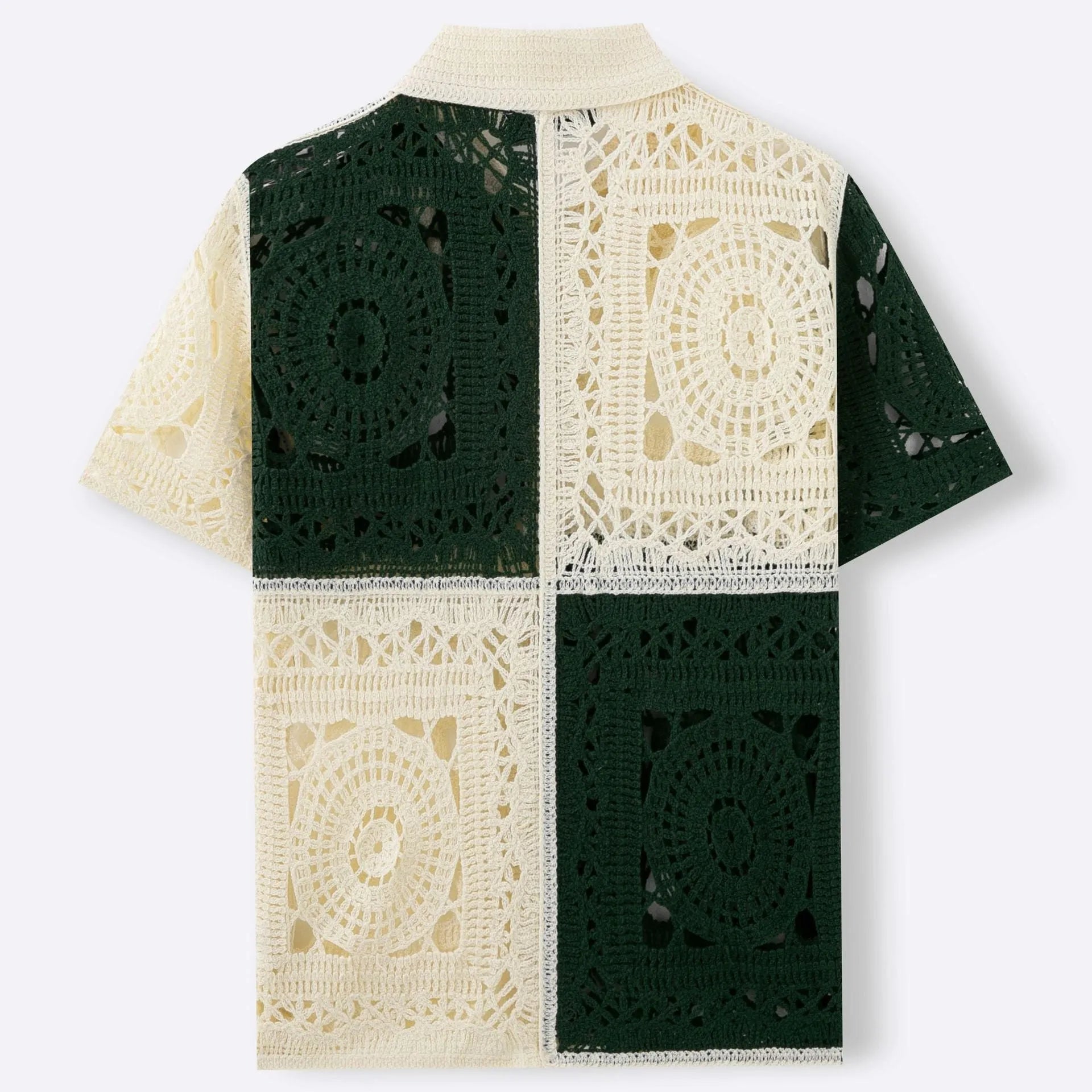 Men's beige colourblock knitted short sleeve shirt with flocking texture detail.