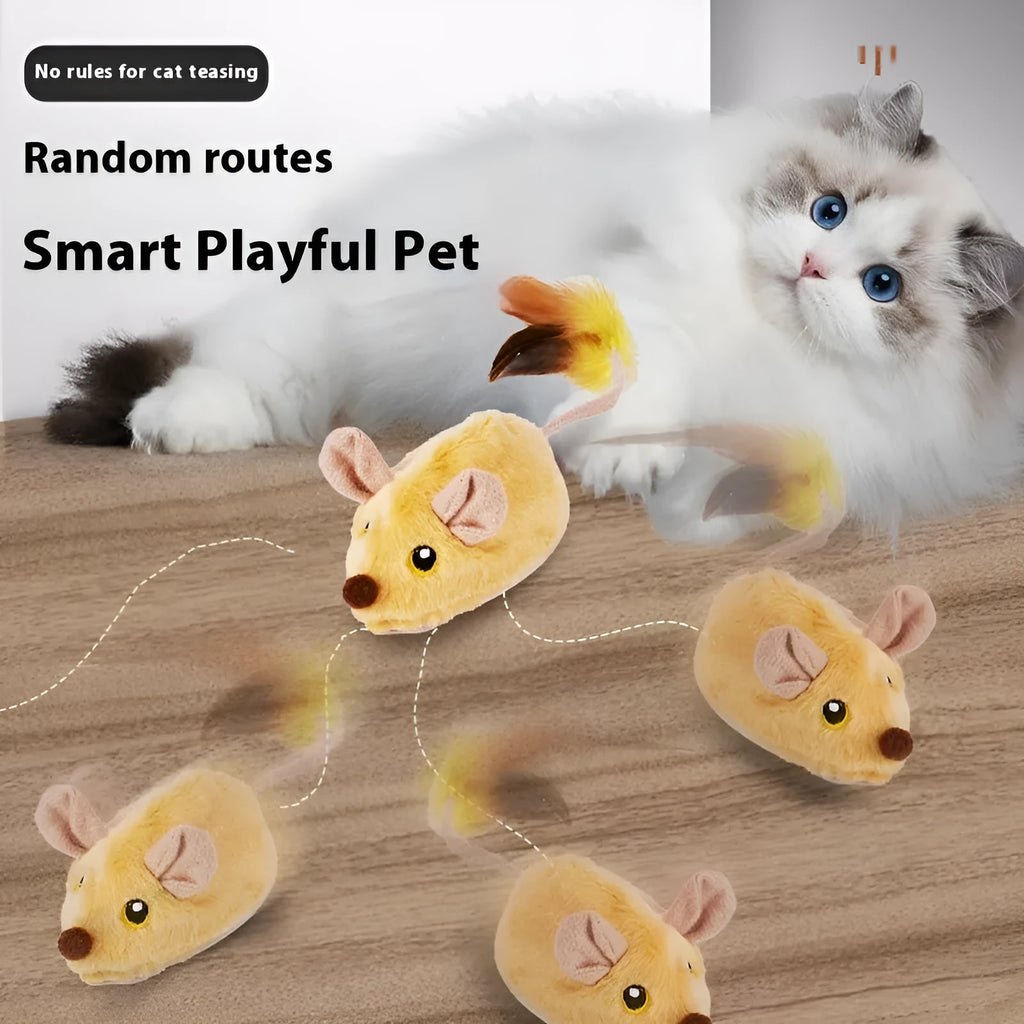 Interactive plush mouse cat toy with remote control on grey carpet