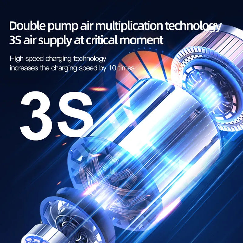 Portable black car tyre inflator pump with digital display, battery, and a set of inflation nozzles on a grey background.