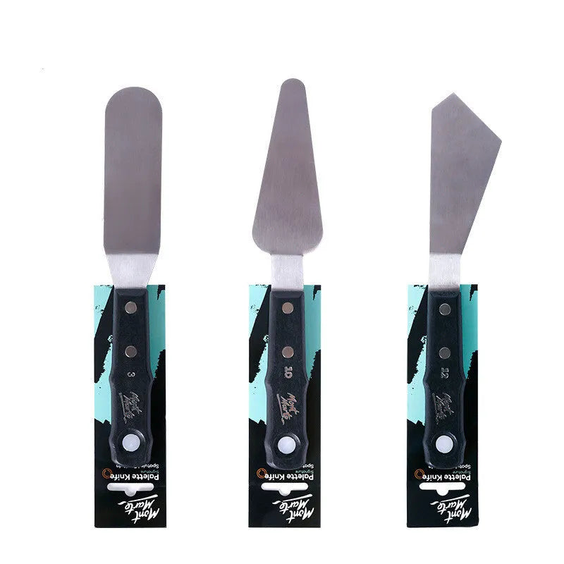 Three stainless steel palette knives for oil and acrylic painting with different blade sizes.