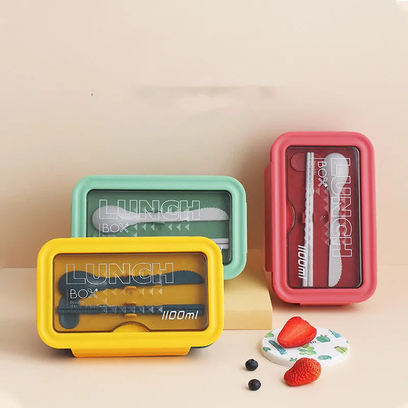 Four-layer partitioned plastic bento box lunch container in Nordic style with green, red, yellow colour options