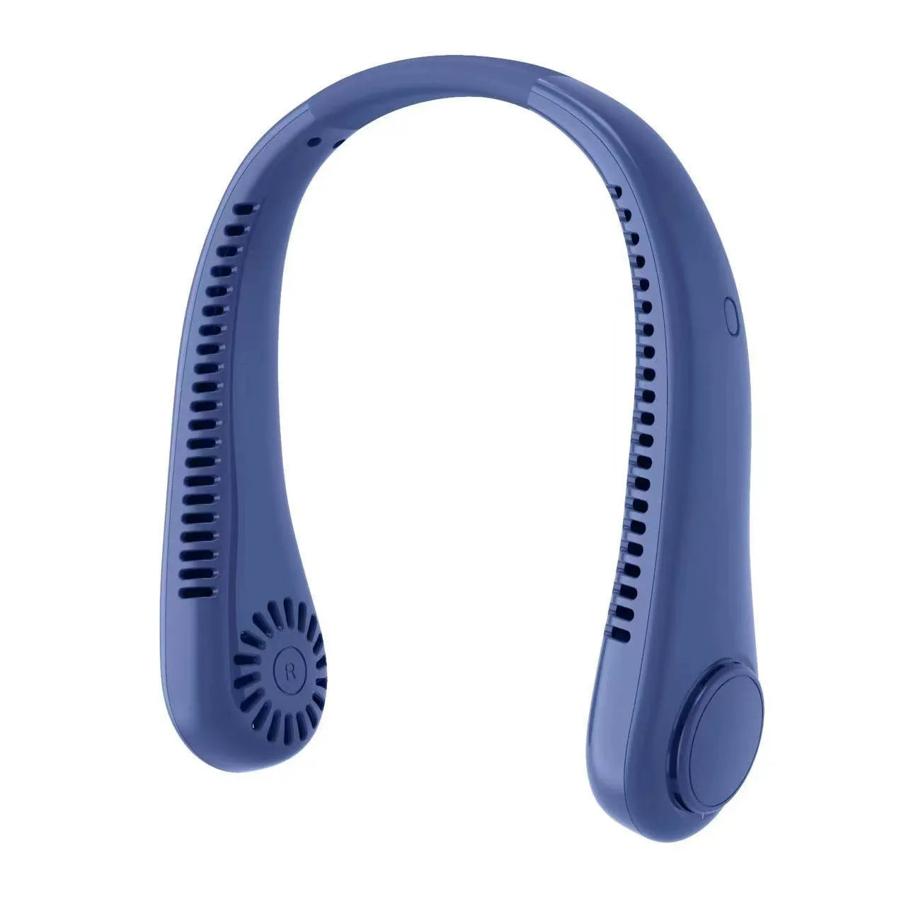 White bladeless rechargeable neck fan hanging on a person, showing its wearable design.