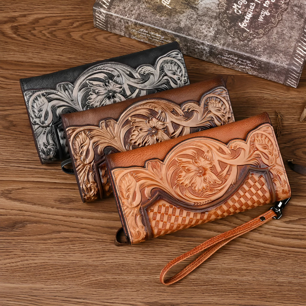 Retro brown embossed floral pattern tri-fold women's wallet made from genuine cowhide, shown open.