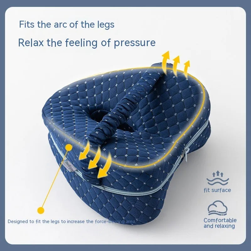 Heart-shaped dark blue memory foam leg pillow for adult use with 25x23x13cm dimensions