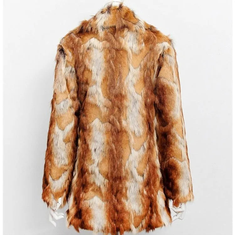 Women's slim leather-style jacket in black and orange tiger pattern faux fur with long sleeves.