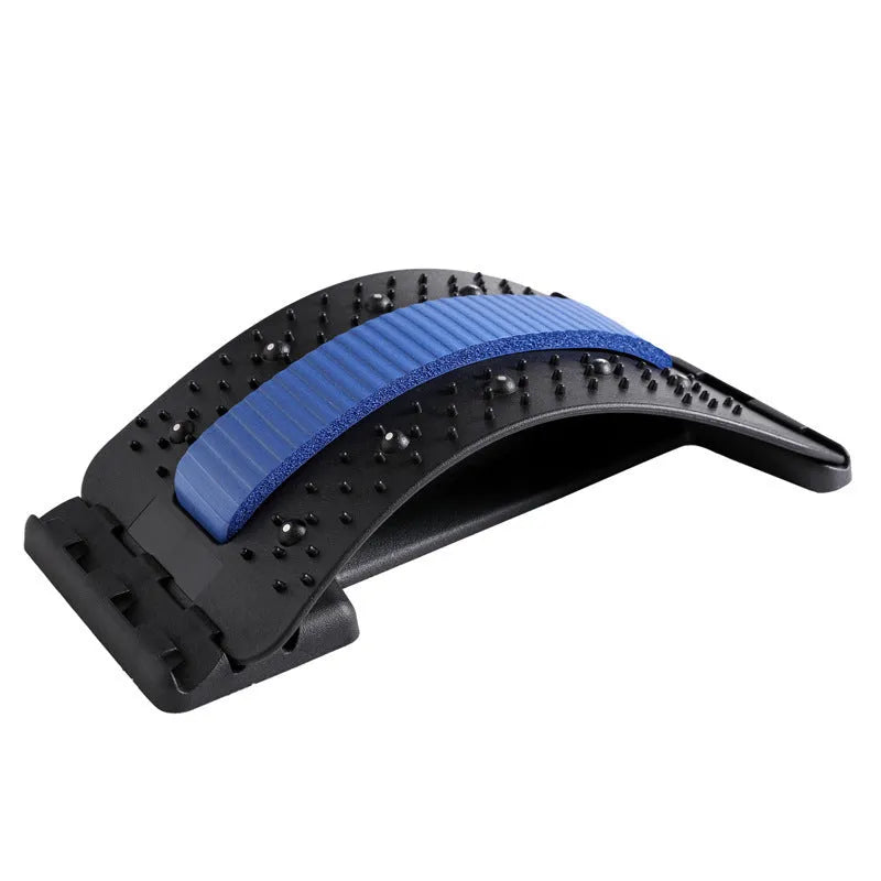 Adjustable back stretcher and waist massager with multiple massage heads in selectable colours.