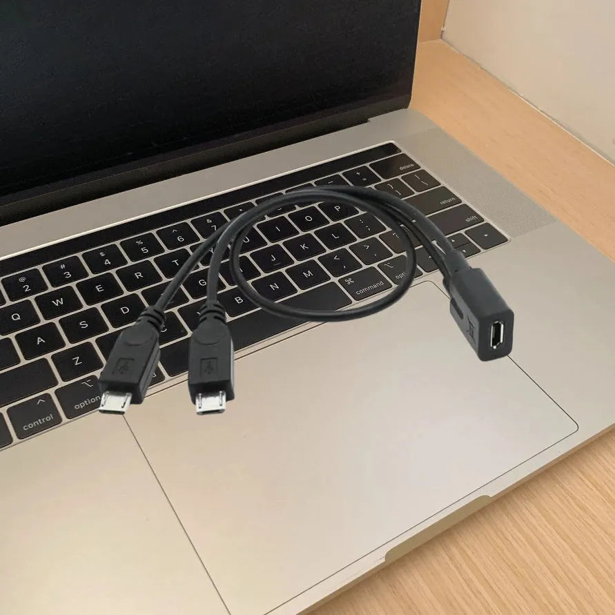 Black Micro USB splitter cable with one female and two male ends, 19cm and 33cm legs