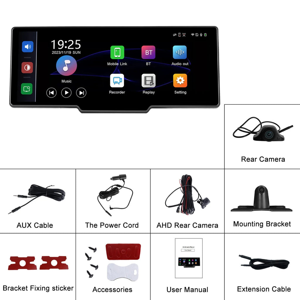 10.26-inch car DVR display system with rear view camera mounted on universal bracket