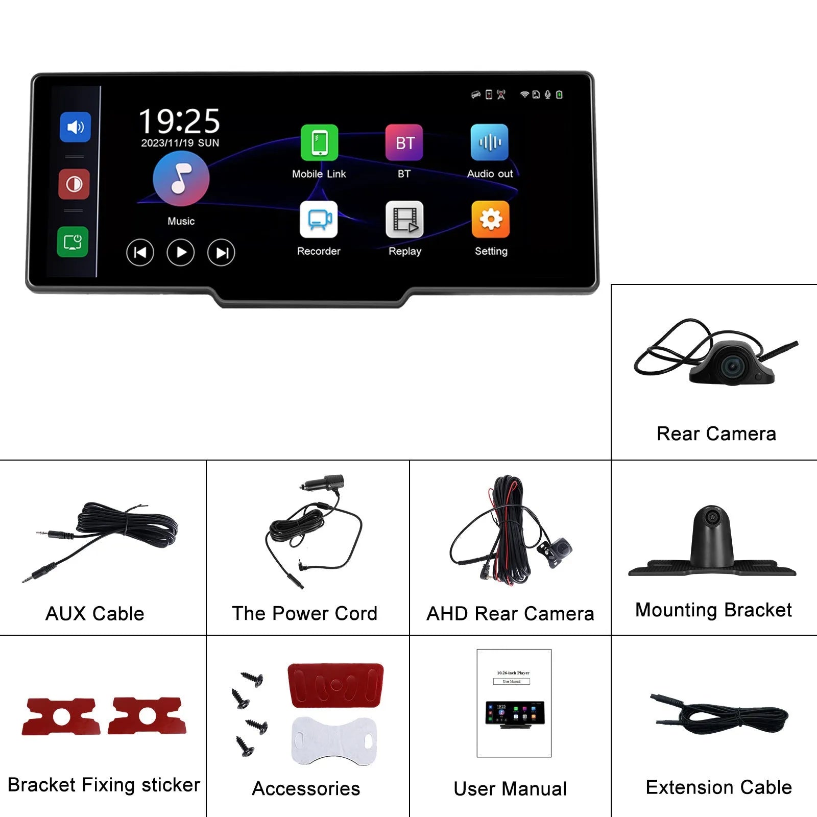 10.26-inch car DVR display system with rear view camera mounted on universal bracket