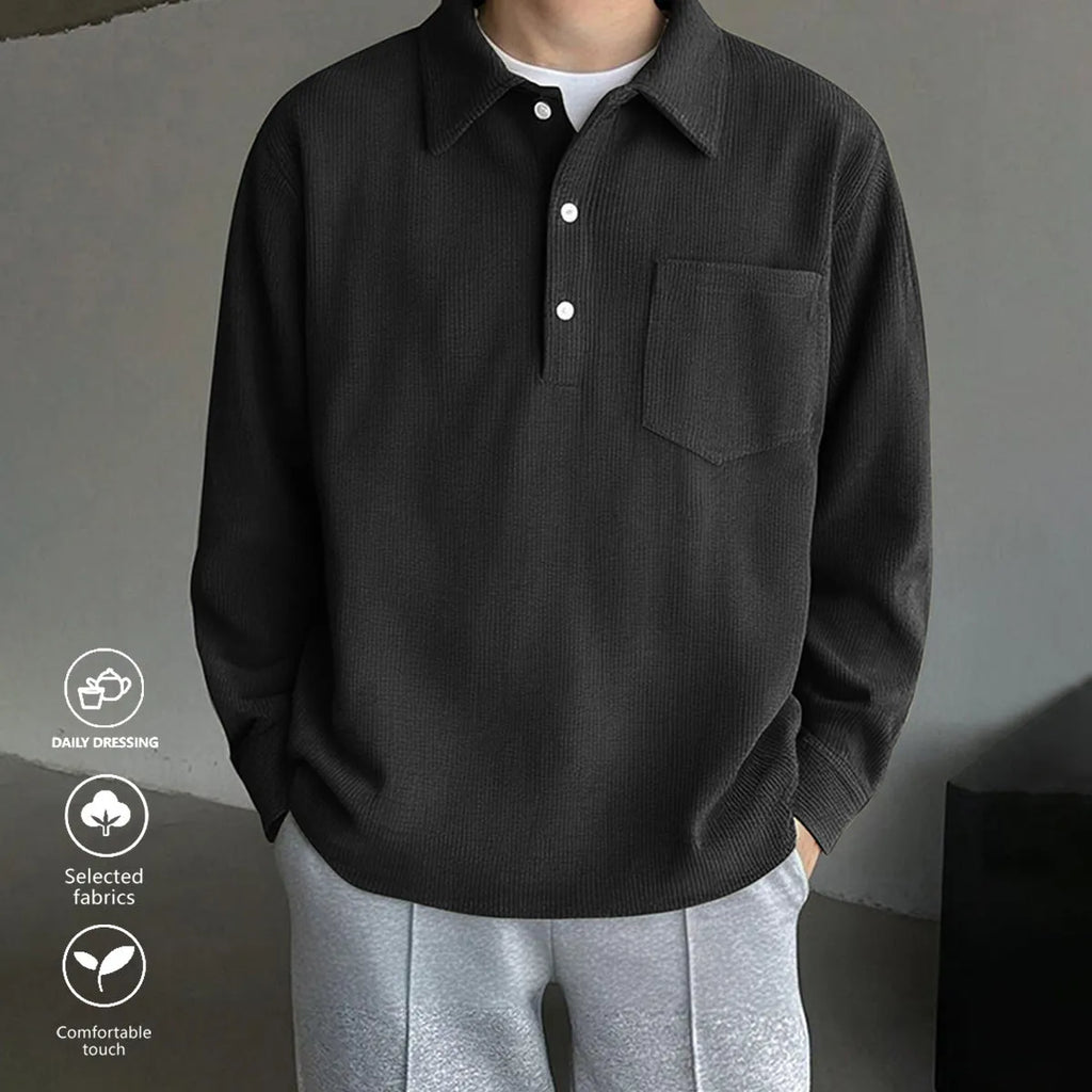 Men's American retro casual polyester pullover shirt in black, loose fit, size options S-XXL
