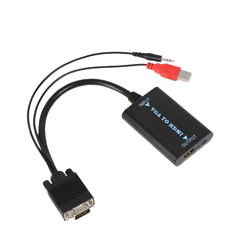 Black VGA to HDMI converter with USB cable for computer to television connection
