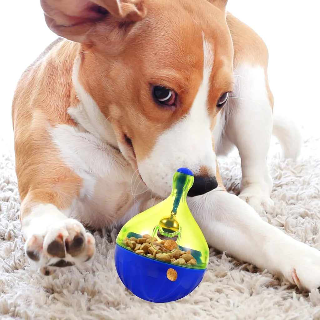 Blue tumbler-shaped pet treat dispenser toy for dogs and cats with treat holes