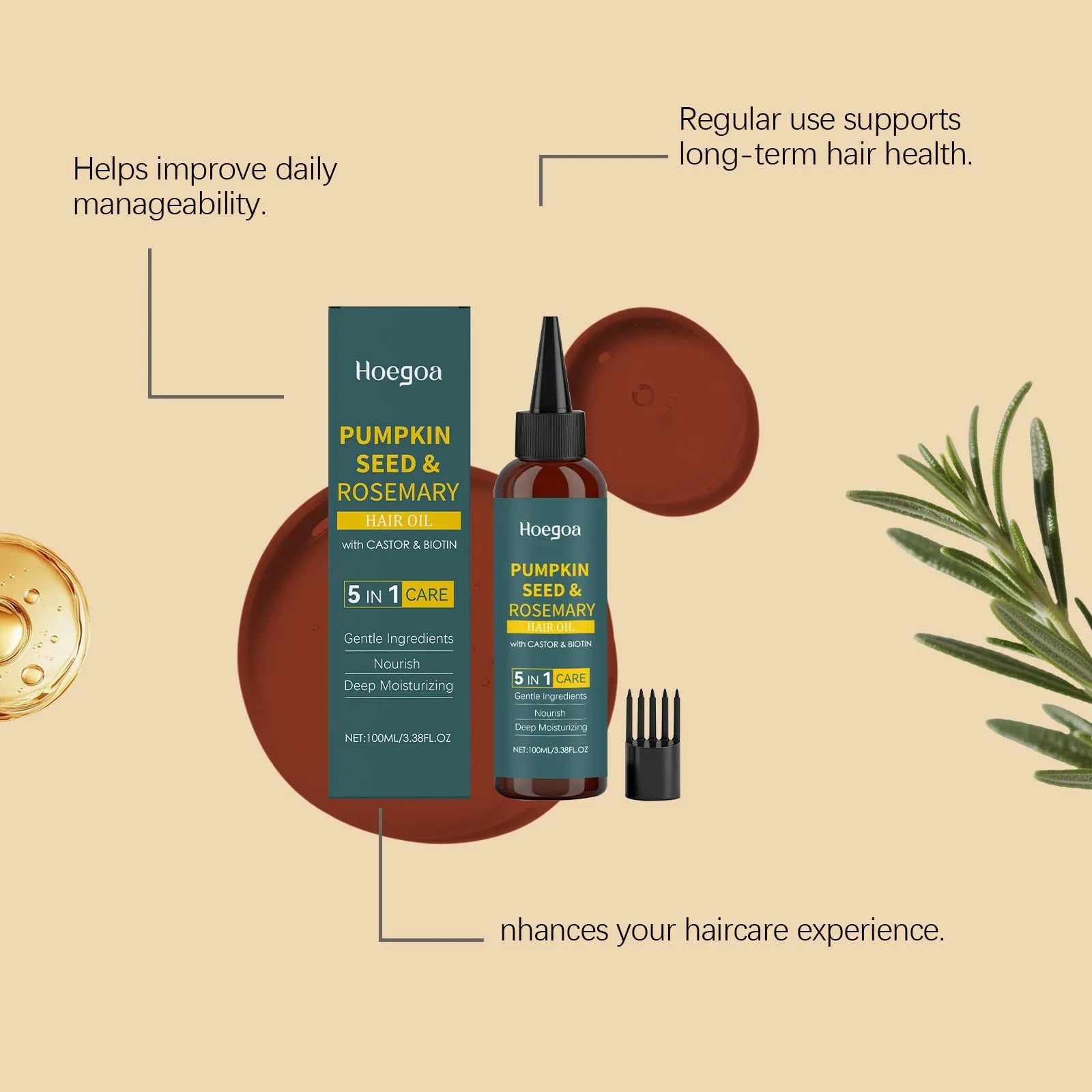 100 ml bottle of rosemary hair care essential oil with pointed applicator and hair comb on a white background.