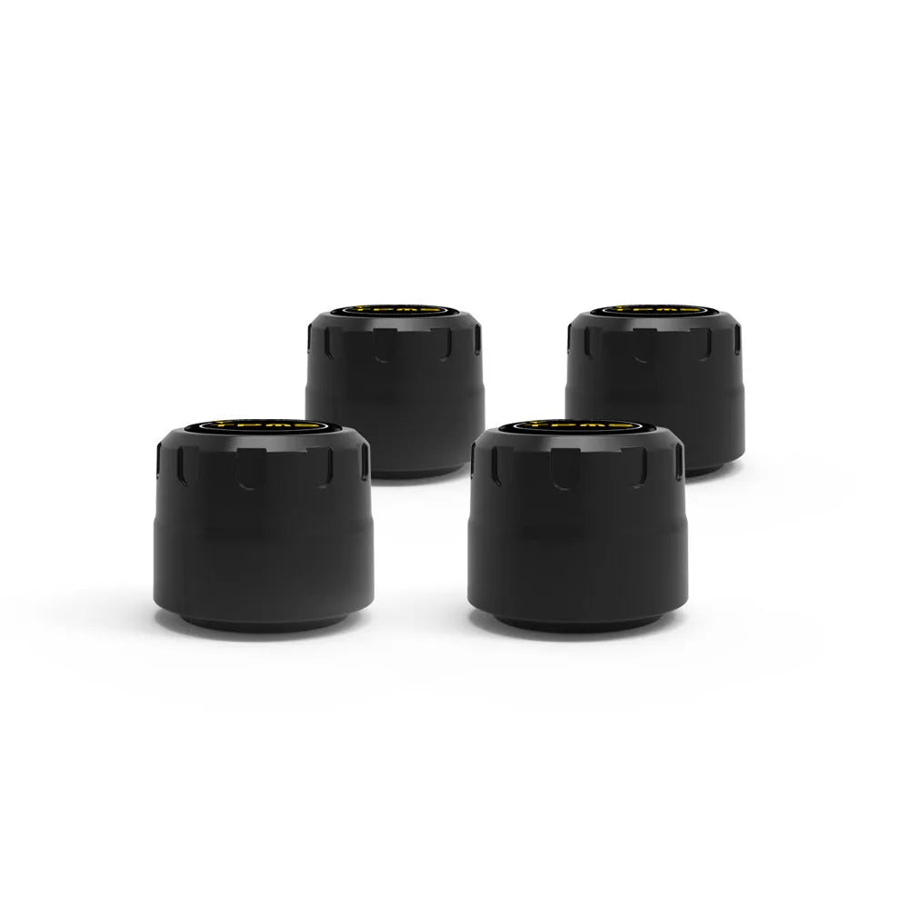 Bluetooth 5.0 car tyre pressure monitoring system with four black external sensors, a wrench, and anti-theft screws.
