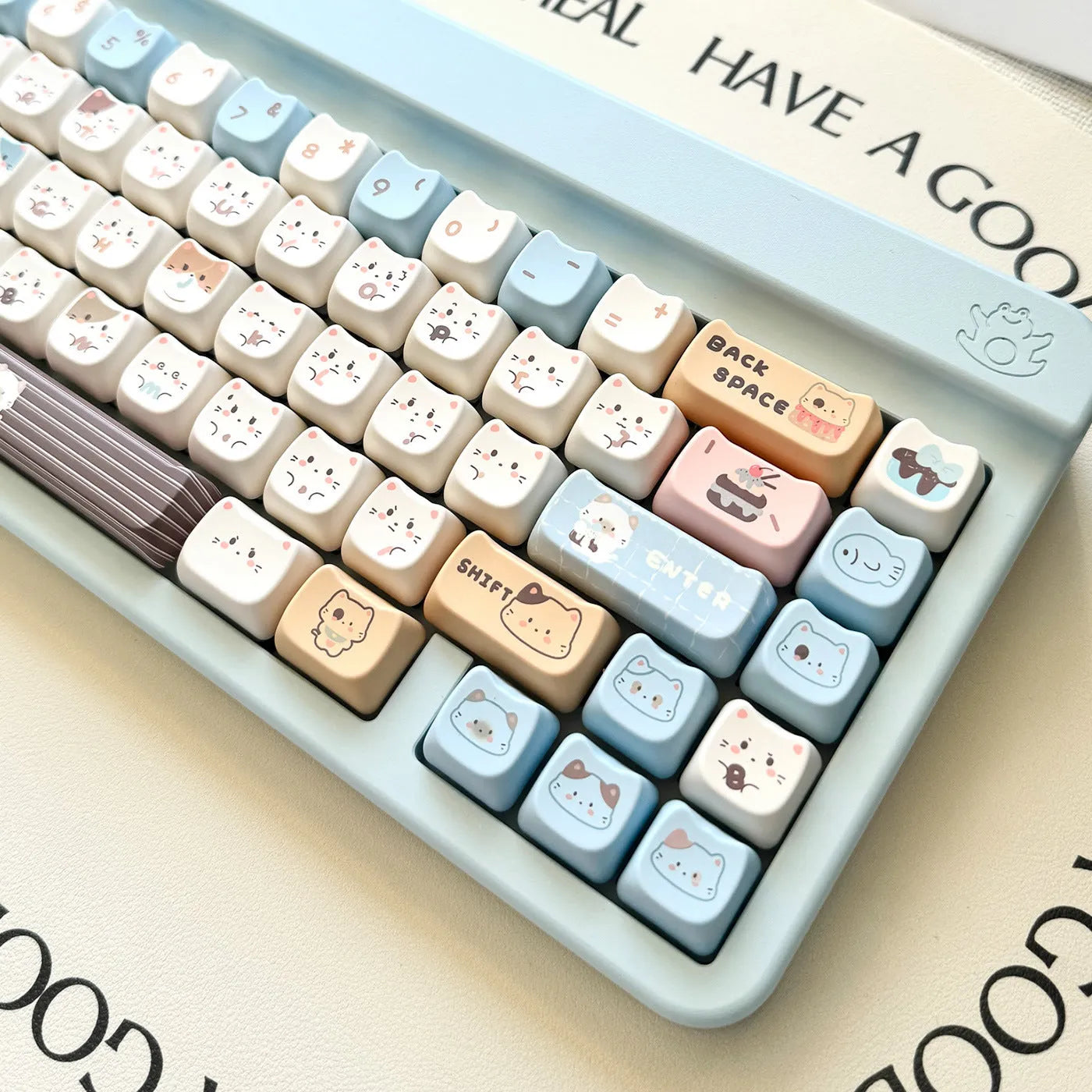 High Sea Salt Cat themed PBT keycap set showing 26 keys and optional 7u space bar supplement